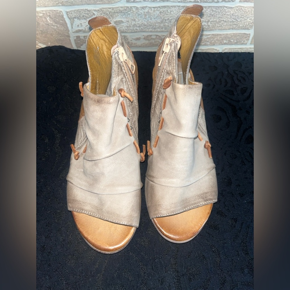 Miz Mooz Celia ruched leather peep toe booties